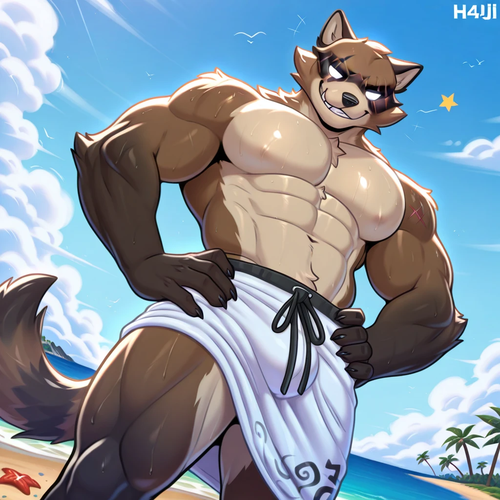 POV,top angle,sleep on stomach,lats,trapezius,butt lift,kemono, anthro (brown dog), male, (brown dog), muscular, back, red body, white belly ,sweat, ((correct anatomy)), stand, beach, perfect beach background, 1 boy, solo, wearing jockstrap, pain expression, canine tooth, hd, dark shadows, wide dynamic range, hdr, low light:1.2, front view, full body, canid, canine, canis, domesticbrown dog mammal, nordic sled brown dog, fullbody, full res, smile, lifeguard, wearing Tank top, full body, camera view, side view, full view, whistle