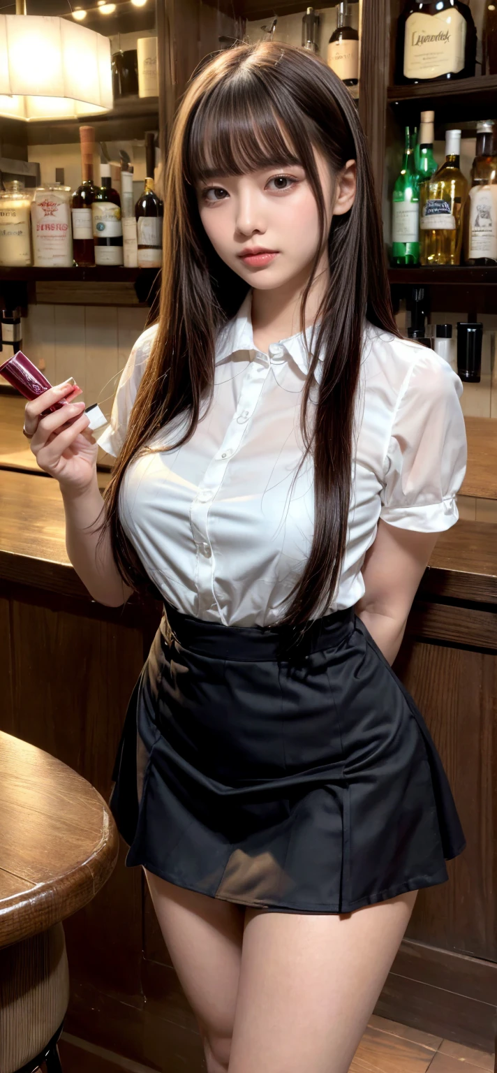 ((((Hair styles of different lengths))))、Earrings、襟付きshirt、、((((Blunt bangs)))) ((Short bangs))、Shorn bangs、(((Stylish restaurant)))、(masterpiece、Highest quality、In 8K、32k、masterpiece、Super huge 、Ultra-high resolution、Impressionism、Realistic:1.2)、Cowboy Shot、Sharp focus、Beautiful face with detailed background of face and eyelids、blue sky、Glowing Skin、Sharp pupils、Realistic eyes and beautiful face、Blurred Background、Beautiful 28 year old girl、Glowing Skin、(((bright and beautiful hair)))、iris、(((shirt)))、(Knee-length skirt)、(I see a very small Scanty..:1.45)、Thighs Thighs Thighs Thighs、curve、Dynamic pose、Powerful composition、((Melancholic expression))、((A look of contempt))、sweating、((Jet Black Hair))、Lace panties、((Source order))、High nose、(Small Mouth)、Skirt rip、((Grab your skirt))、stockings、Pubic hair is visible、((waitress))、(Wearing a name tag)、((Panties in different colors:1.25))、Wearing an apron