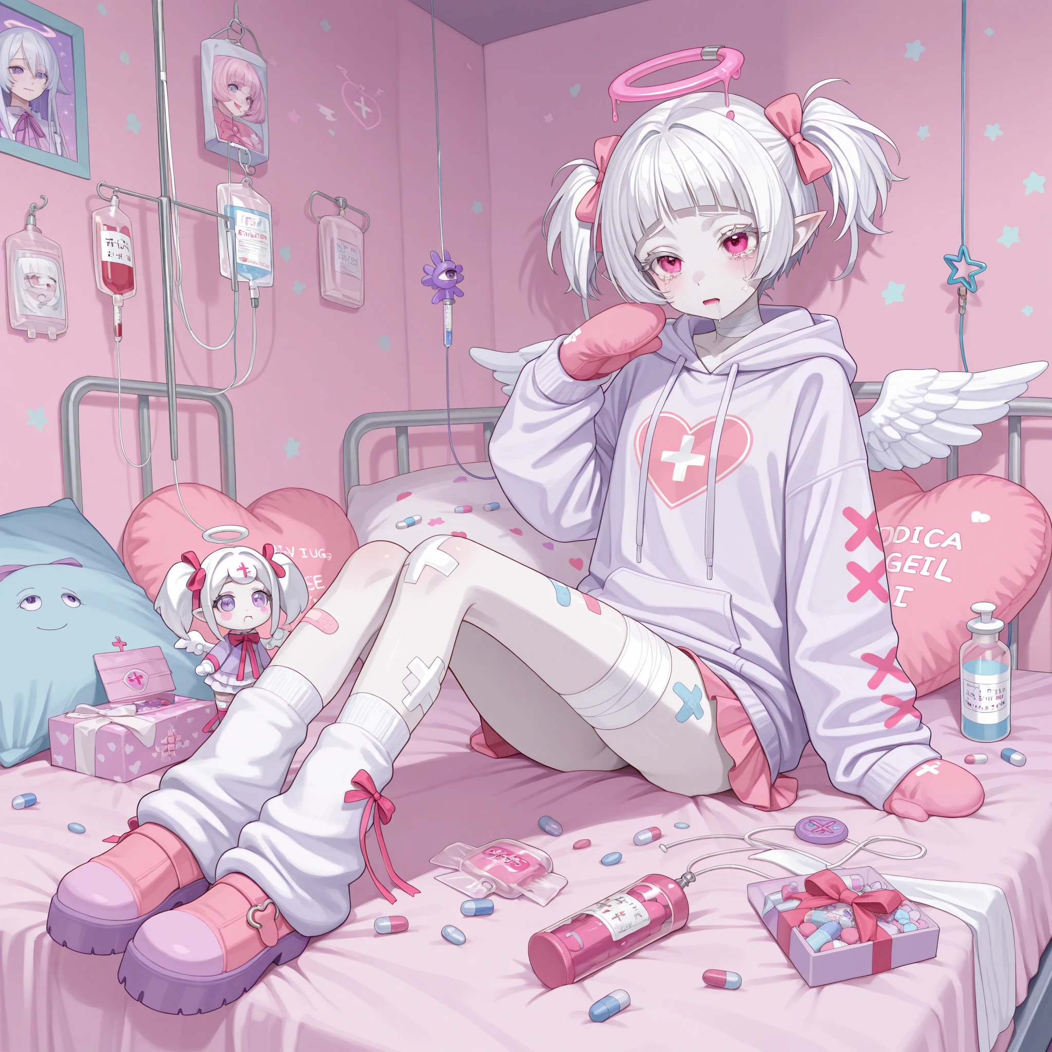 The girl is albino, she has white skin and slightly pointed ears, her eyes are indigo blue , and her eyelashes are white. She has short white hair short bob haircut and has small pigtails on the sides of her head. She is wearing a pastel pink/lilac oversized hoodie with long sleeves, white wool mini skirt,pastel pink/lilac and white socks and leggings with a set of badges, white ugg boots,mittens,bandages on the thigh. She belongs to the Yamikawaii subculture, so her outfit is decorated with small bandaged wounded angel wings, symbols of medical crosses, eyeballs, hearts, stars, pills,medical bottles, ampoules with medicines, IV drip with tubes , dental models, band-aids, and toy syringes. On the background: a cute pastel pink/baby-blue/lilac medical ward with medical bed surrounded by plush pillows and open empty gift boxes, ribbons hang from the ceiling. she lies on the bed, drooling and crying.