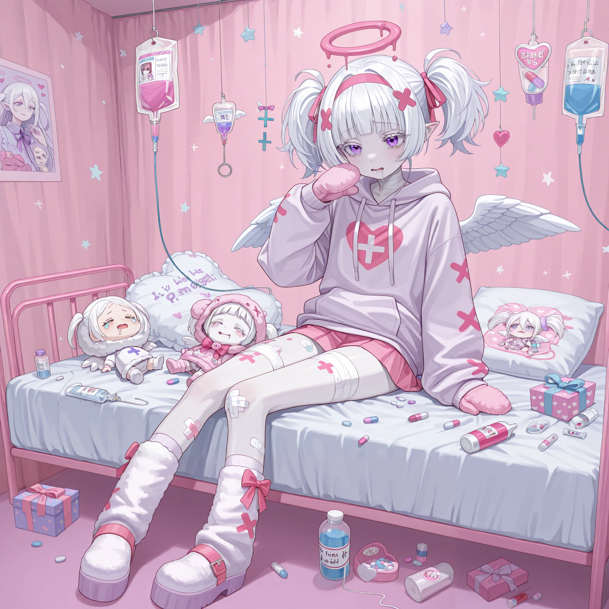 The girl is albino, she has white skin and slightly pointed ears, her eyes are indigo blue , and her eyelashes are white. She has short white hair short bob haircut and has small pigtails on the sides of her head. She is wearing a pastel pink/lilac oversized hoodie with long sleeves, white wool mini skirt,pastel pink/lilac and white socks and leggings with a set of badges, white ugg boots,mittens,bandages on the thigh. She belongs to the Yamikawaii subculture, so her outfit is decorated with small bandaged wounded angel wings, symbols of medical crosses, eyeballs, hearts, stars, pills,medical bottles, ampoules with medicines, IV drip with tubes , dental models, band-aids, and toy syringes. On the background: a cute pastel pink/baby-blue/lilac medical ward with medical bed surrounded by plush pillows and open empty gift boxes, ribbons hang from the ceiling. she lies on the bed, drooling and crying.