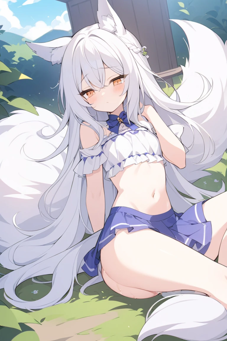 Cabello largo plateado, ojos verdes, swinwear, swinsuit, dress, white clothes, flat breast, sonrisa, happy, wolf ears, wolf tail, muslos hermosos, forest, womb tattoo