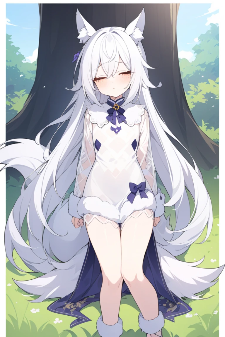 ((masterpiece)), ((bestquality)), 1 girl, solo, a 15-year-old girl, white hair, blue eyes, detailed face, dragonian_head, dragonian_body, dragonian_hairstyle, dragonian_horns, dragonian_tail, white tail, white long dress, black choker, silver circlet on head, close range, ((hugging own leg)), sitting, ((white blank background))