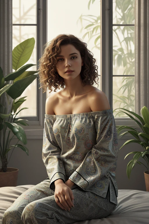 (photorealism:1.2), beautiful boy, independence day, wearing loose off-shoulder top, pajama pants, long curly hair, indoors, soft lighting, plants in background, window with sunlight, cozy room, relaxed pose, realistic, intricate details, warm colors, by Greg Rutkowski, by Alphonse Mucha