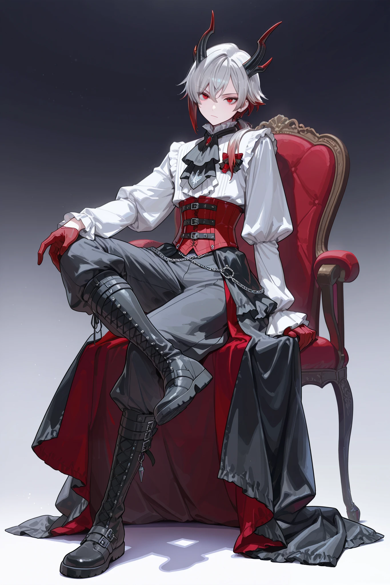 crossed legs, sitting, Male focus,Best Quality, Masterpiece, adult male, (8K, Best Quality, Masterpiece:1.2), Ultra Highres, Intricate Details, Gothic, 1boy, (beautiful face:1.2), frilled shirt, (knickerbockers:1.2), corset, knee high boots, bondages, simple background, low ponytail, puffed sleeves, solo, white shirt, mullet hair, silver hair, punk, Prince, androgynous, Gothic, red eyes,dragon horns, jumpsuits, silver hair with red hair tip highlight, half palm gloves, overskirt, lifting one leg, puffy pants, black jabot, red Layered Cascading Ruffles Jabot Tie, dark red lining