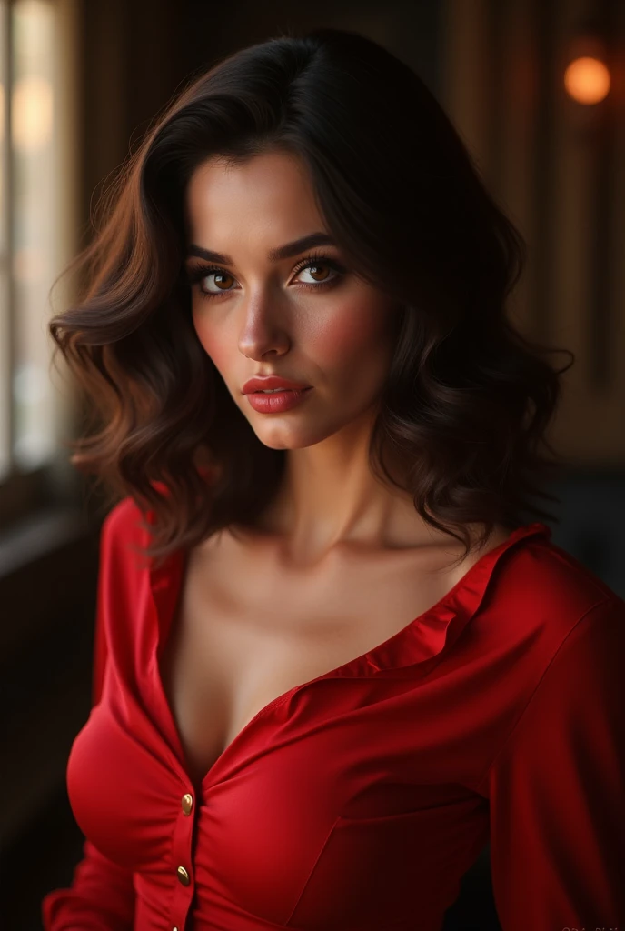a woman standing in front in the background of a restaurant,, by Andrei Kolkoutine, tumblr, smile, portrait of a young witch girl, red elegant shirt, full body, vulptuous body, big breasts,refined editorial photograph, wearing a gothic dress, innocent look. rich vivid colors, tom bagshaw style, elegant fashion model, girl with dark brown hair, young handsome pale roma, portait photo, ISO 300, 1/250s, F/2,8, 38 mm, extremely high quality RAW photograph, 4k, sharp focus, high resolution, 8k UHD, DSLR, high quality, film grain, Fujifilm XT3