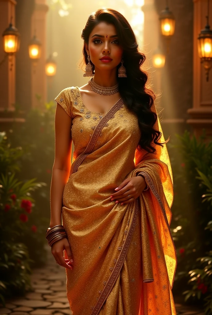 8K, ultra high detailed, an indian solo girl, cute face, happy, long hair, impressive hairstyle, detailed eyes, detailed lips, indian clothes, salwar suits, lace, wearing jewellery, weather background, , evening dark , shadow, moonsoon weather,