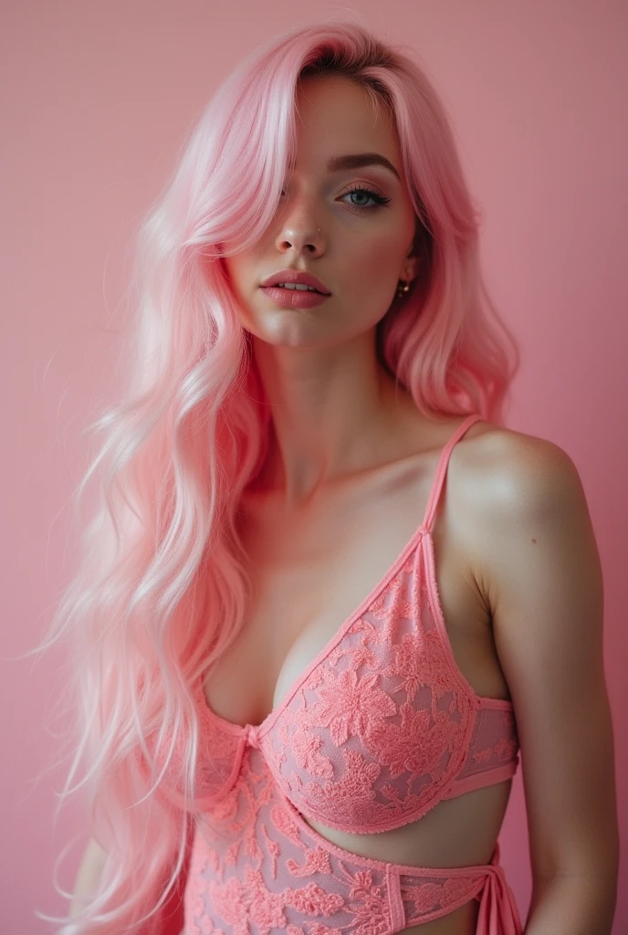 Pink hair larg breast best quality, masterpiece, ultra high resolution, supermodel, Shoulder Chest Portrait Photo,pink cropped hoodie, Pink lingerie, big bust, Dynamic fashion pose, (realism: 1.8), original photo, 1 girl, bare shoulders, in the darkness, deep shadow, low profile, cold light,pink hair,long hair,White skin,big eyes,sexy,Aloof
