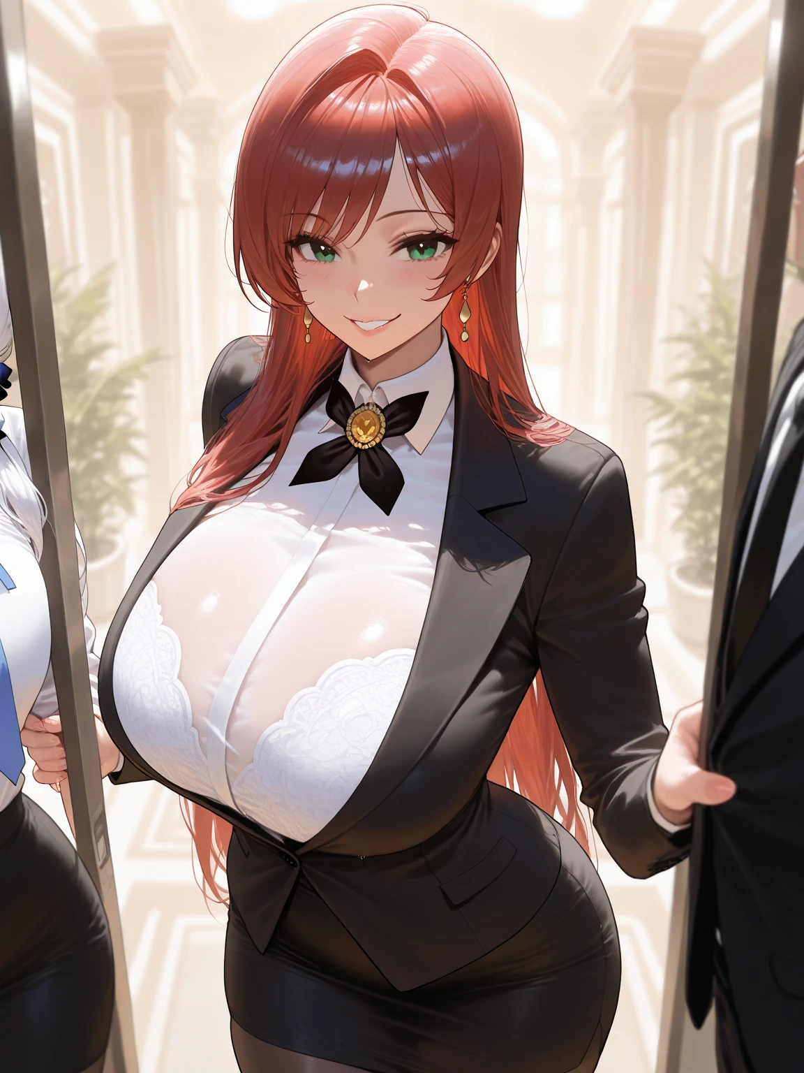 My name is Hikaru, I am a white test woman with long red hair and black eyes. I am 1.60cm tall and weigh 46kg. My breast sizes are 300 cm, my waist is 60 cm and my hips are 200 cm. Dressed in a tight, low-cut red dress with her hair tied in a ponytail and a black bag.. With big breasts 300 cm