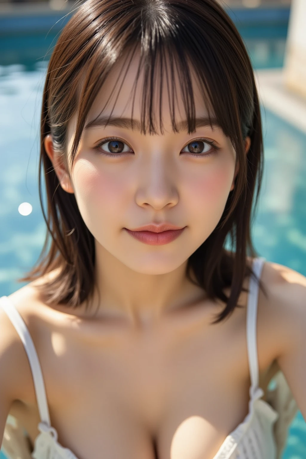 (8k), (highest quality: 1.2), (Realistic), (Realistic: 1.37), Ultra-high resolution, 1 girl, cute, smile, Mouth closed, Beautiful details, Beautiful Nose, whole body, Wet Hair, Giant Dulcefo, pork, , Big Breasts、Saggy breasts、Voluptuous thighs