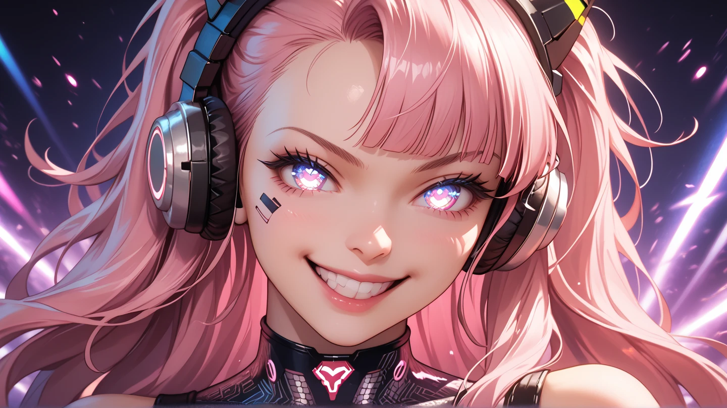 Detailed dynamic anime character with bold, bright neon pink hair styled in edgy spikes, detailed large expressive eyes filled with excitement and energy, detailed wide open-mouthed smile. Character in a high-action pose with detailed speed lines to emphasize motion. Wearing a futuristic cyberpunk outfit with glowing accents, detailed metallic accessories like a sleek visor and headphones. Detailed vibrant background with a mix of neon blue and purple geometric patterns, creating an energetic, high-contrast look. Glowing eyes, mysterious aura with magical sparks or electric energy around the character. Dramatic lighting and exaggerated facial expressions for maximum impact. Exaggerated close-up shot, ultra HD, 8K quality, detailed 16:9 aspect ratio, designed to grab attention and stand out on YouTube thumbnails, detailed 8k quality.
