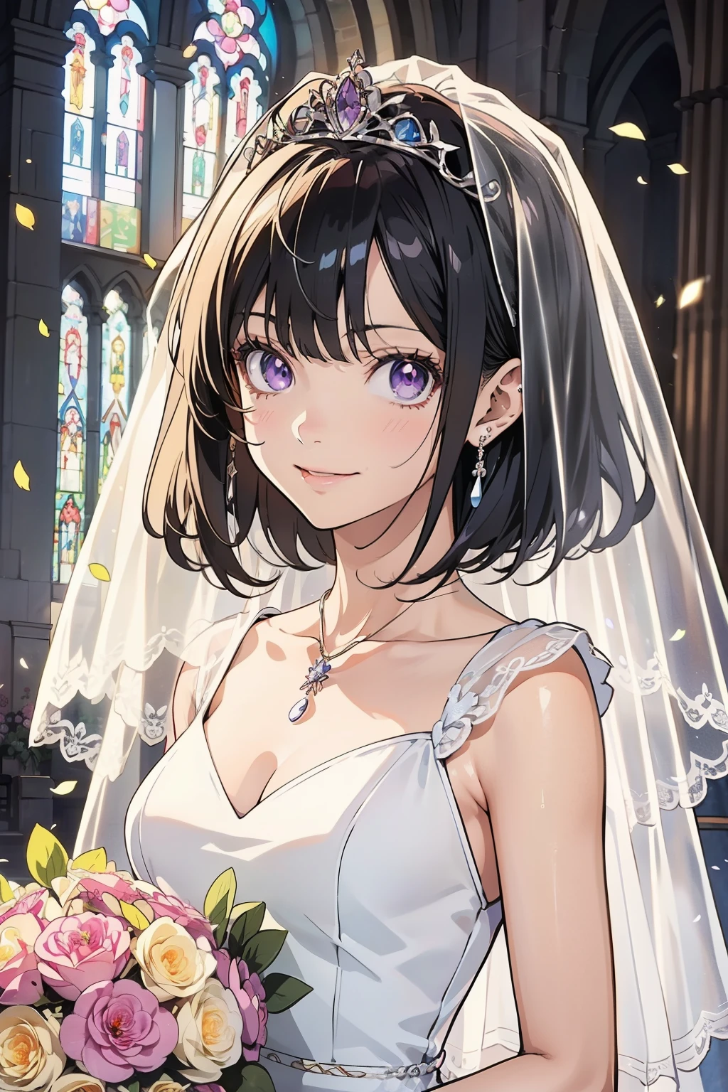 （masterpiece），（best quality），（very well detailed），（Awareness-raising），（super high resolution）, black hair,  anime adult woman in white wedding dress,  anime style, 2D rendering of an anime adult woman, Realistic young anime adult woman,  smooth anime CG art, tiara, smile, purple eyes, small breasts, is tall,  straight hair ,  short bob cut ,  Slanted Eyes ,  background is church , wedding veil, bouquet,