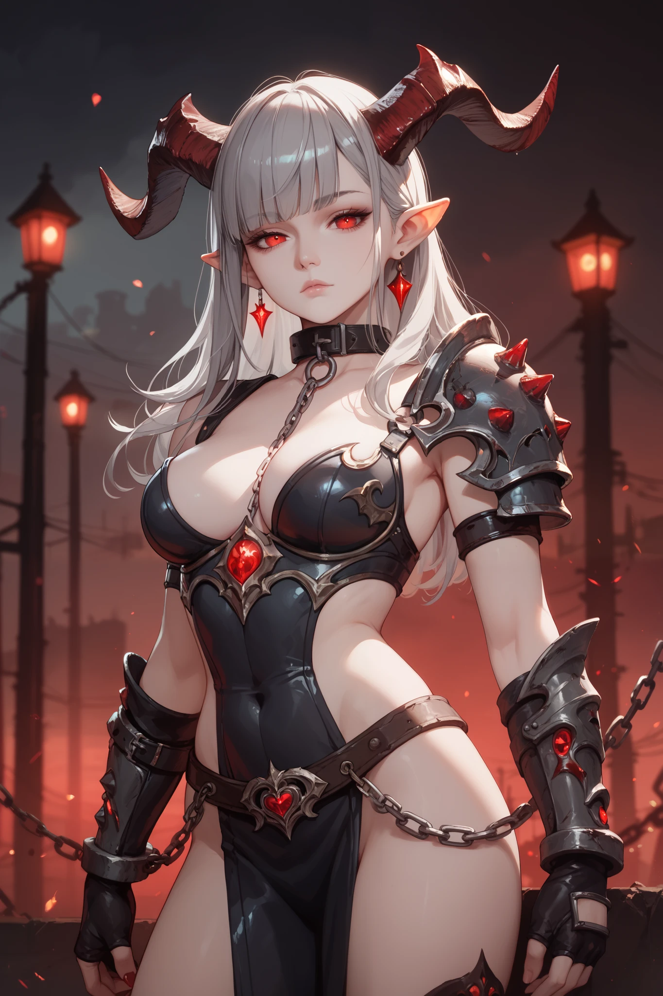 (16K), (best quality:1.2), (insanely detailed:1.2), ((anime style)), (illustration:1.2), (concept art:1.2), (texture:0.5),
(detailed beautiful woman:1.1), (goat satan horns:1.4), (bat wings on her back), (red or silver hair:1.3), (deep pink eyes), bangs, hair between eyes,
BREAK
full shot, looking at viewer, fiery crimson or silver curls cascading around her shoulders, a wickedly elegant hairstyle with twisted horns emerging from the tresses, eyes of captivating ruby gleaming with otherworldly allure, a mischievous yet enchanting smile playing on her lips, adorned in ethereal black latex combat bodysuit and knee-high boots, a seductive posture with one hand resting on a gravestone, from slightly below, angled shot,
BREAK
(masterpiece background), (sense of depth), (depth of field), outdoors, middle of graveyard, entrance of hell opening behind, ominous dark clouds, face glowing, flames beneath feet, fantasy medieval world, long flowing hair, sharp horns curved elegantly, captivating, light reflecting, ancient symbols, tattered black wings, ethereal glow, detailed moss-covered aged gravestones, decrepit chapel, distant, rusted iron gate, gnarled trees, twisted branches, silhouetted against a fiery sky, casting long shadows, tombstones, uneven ground, creeping fog, intricate jewelry, silver, adorned with dark gems, elegant, ember-like glow, eerie luminescence, dense surrounding atmosphere, unsettling wind, night creatures, eyes gleaming, hidden in darkness. ((from hell's entrance)), jagged rocks, framing portal, sinister energy emanating.