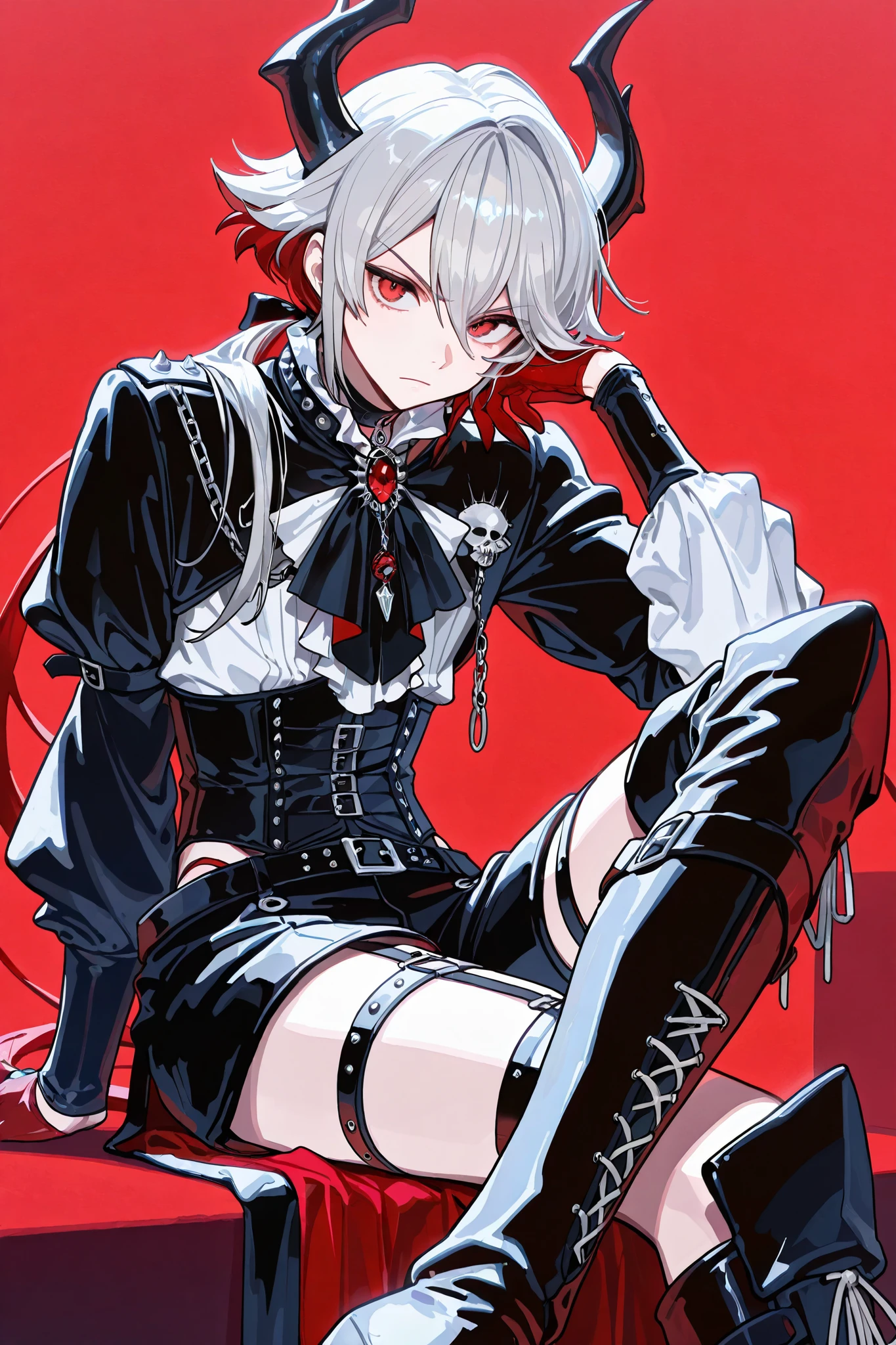 crossed legs, sitting, Male focus,Best Quality, Masterpiece, adult male, (8K, Best Quality, Masterpiece:1.2), Ultra Highres, Intricate Details, Gothic, 1boy, (beautiful face:1.2), frilled shirt, (knickerbockers:1.2), corset, overknee boots with garter, bondages, simple background, low ponytail, puffed sleeves, solo, white shirt, mullet hair, silver hair, punk, Prince, androgynous, Gothic, red eyes,dragon horns,super short jumpsuits, silver hair with red hair tip highlight, half palm gloves, black jabot, red Layered Cascading Ruffles Jabot Tie, dark red lining, highleg jumpsuits