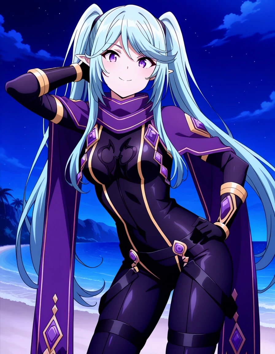 epsil0n, pointy ears, very long hair, sidelocks, aqua hair, twintails, purple eyes,
purple scarf, black bodysuit, gold trim, black gloves, thigh straps, small breasts, anime screencap, shiny skin, high quality, solo, night sky, beach, hand behind head, hand on hip, (contrapposto), closed mouth, cowboy shot, looking at viewer, smile, best quality