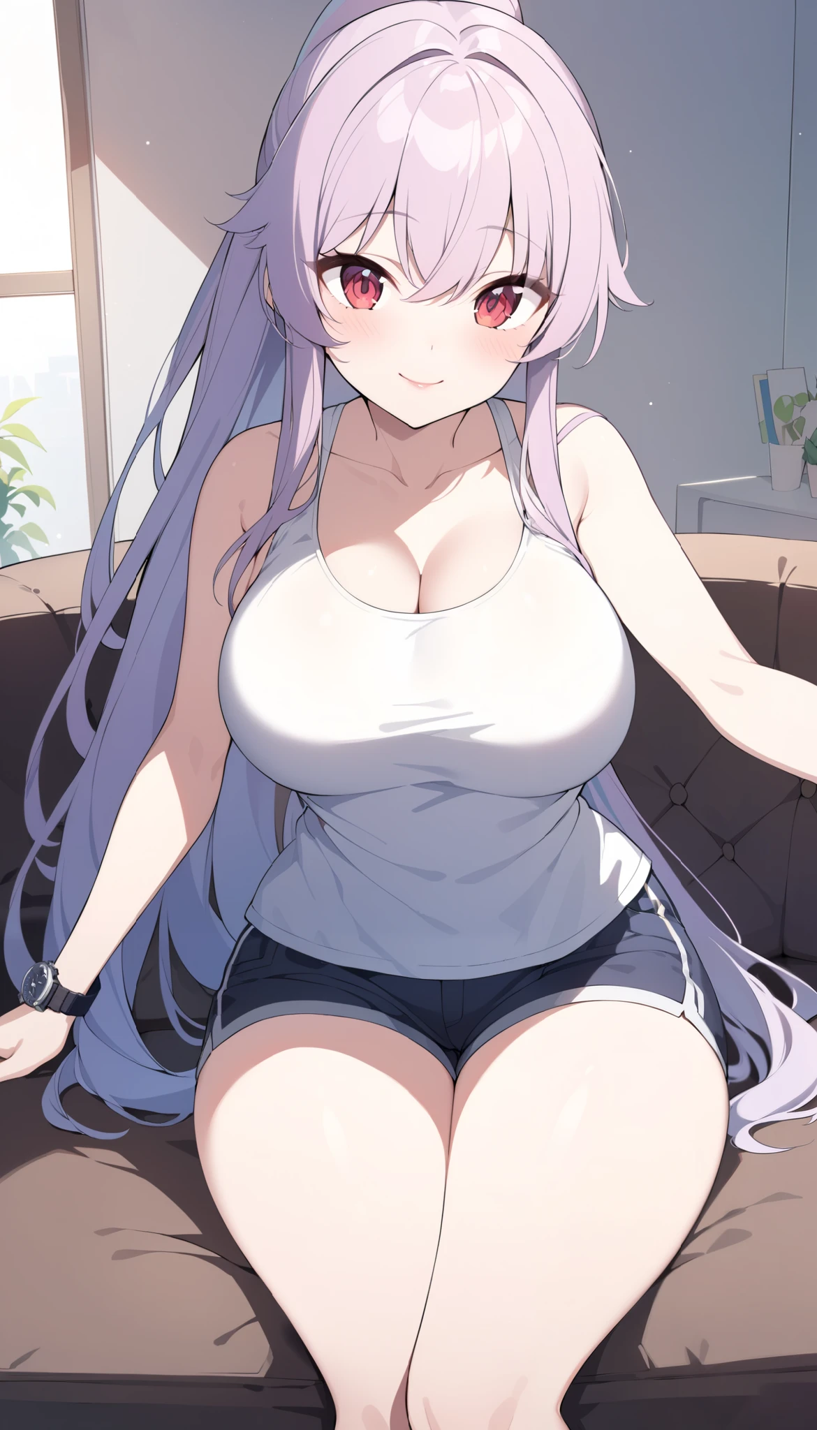 ak-12 \(girls' frontline\), 1girl, arm support, bangs, black bow, blunt bangs, bow, mechanical eye, purple eyes, artificial eye, cleavage, grey sports bra, hair bow, large breasts, light smile, long hair, midriff, shorts, sidelocks, sitting, solo, sports bra, indoors <lora:ak12GirlsFrontline_10:1>