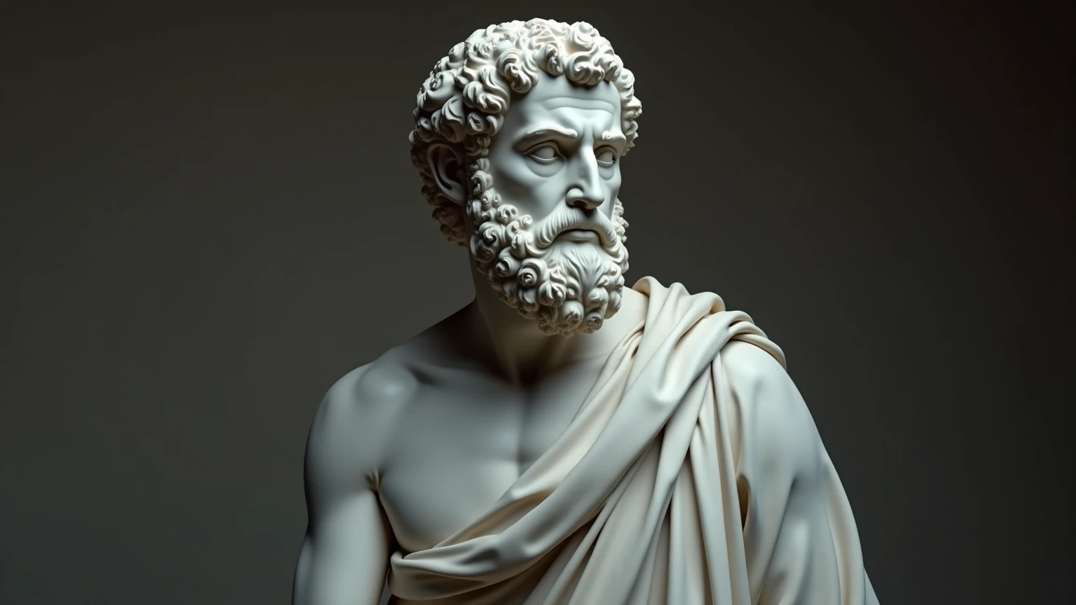 a statue of the stoic Marcus Aurelius in black and white 4K, papel de parede super realista, sem camisa, corpo forte,barriga forte, corpo todo,