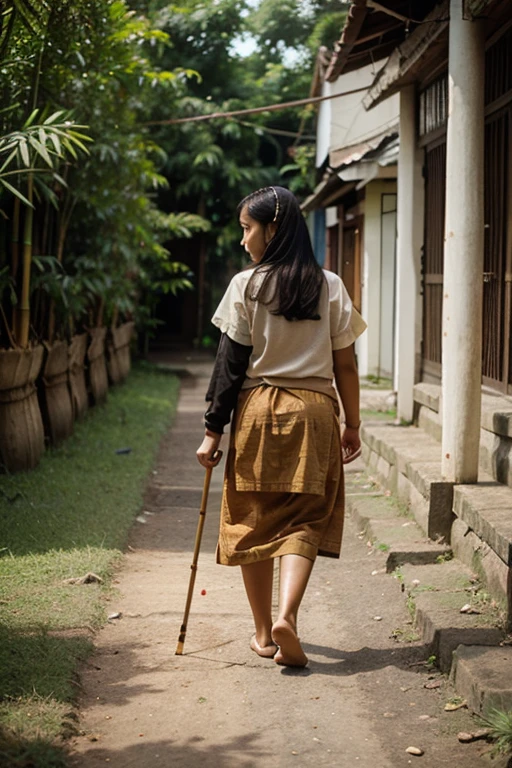 a blind village girl with white pupils and holding a wooden stick for walking