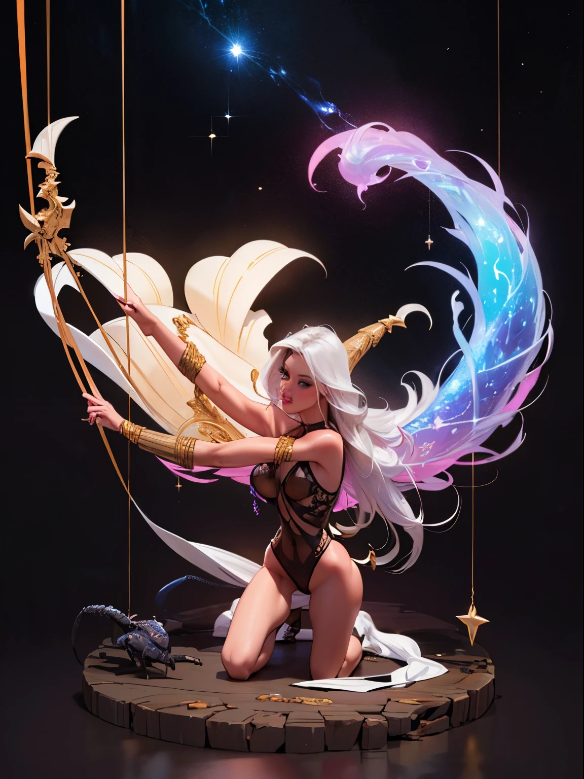 white forest background, colorful design, Aurora, mythical and fatal seduction, dynamic pose, porous white hair, big eyes, blue eyes, body covered in tattoos, red lips, dark light, bright light. mystical, thread outfit, Well detailed body, well detailed face, detailed eyes, detailed hands, strict details. tender look. perfect body, super detailed, 8k, masterpiece, vivid colors. FULL BODY
