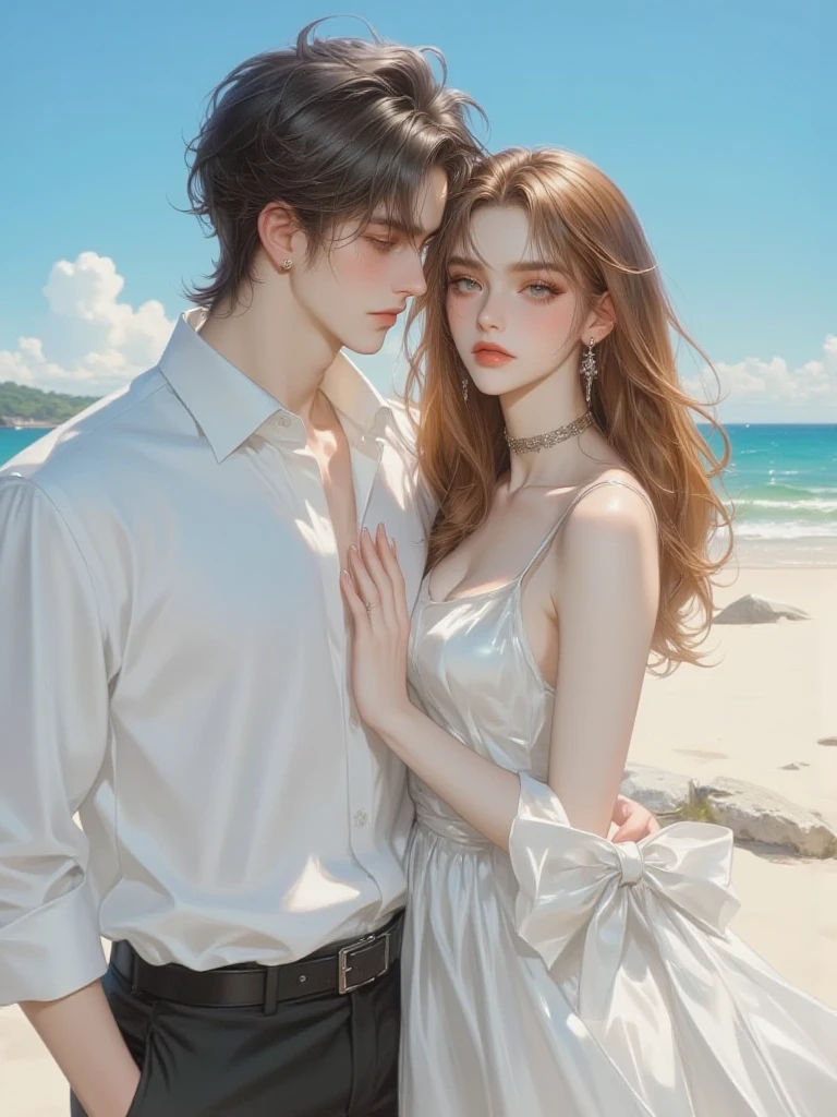 Man Hugging a beautiful mermaid on the sea with golden tails. from back and kissing, Lovers. Hand on the waist. Hand on the neck.
20-year-old boy and 18-year-old girl. Detailed face, Detailed eyes, double eyelid, cute, sunny, warm vibes, Handsome-cool-warm-boy with brown hair and hot-seductive-sexy-cute-beautiful-girl with brown hair and blushing face. Intimate vibes.