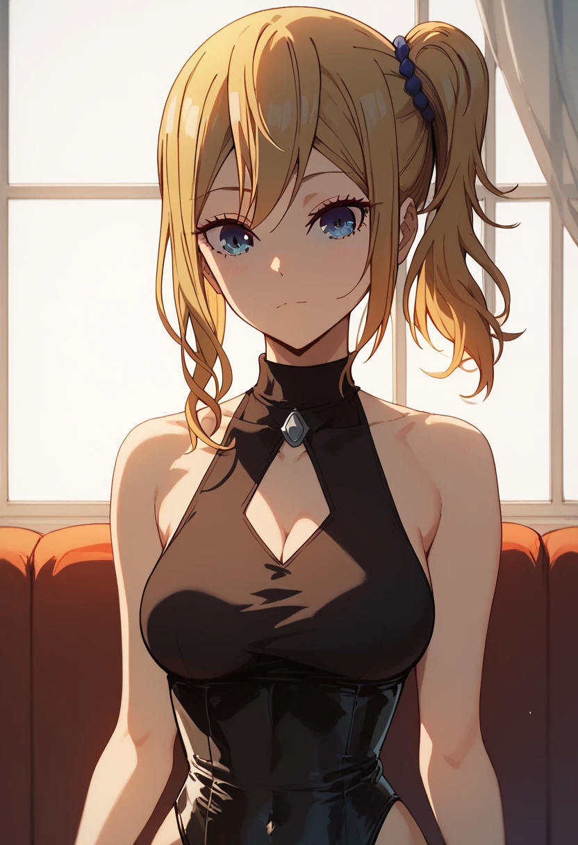 solo, 1girl, strapless, playboy bunny suits, simple background, seductive smile, middle breasts, middle hair, dark blonde, pony tail