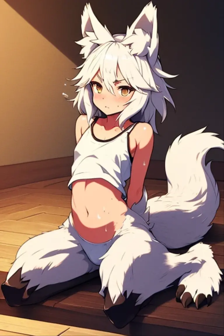 wolf girl、adult、2 Men Arms、Four wolf legs、Quadrupedal、delicate、Delicate face、wolf ears、Silvery white hair and body hair、Flat chest、T-Shirts、(exposure of the abdomen)、Sweat、Ultra HD