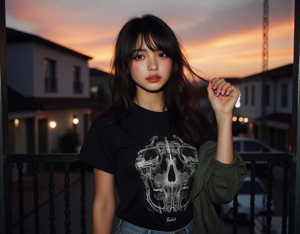 Caucasian female,straight bob hair,scar on the left side of the face,black t-shirt with skull symbol,yellow denim jacket