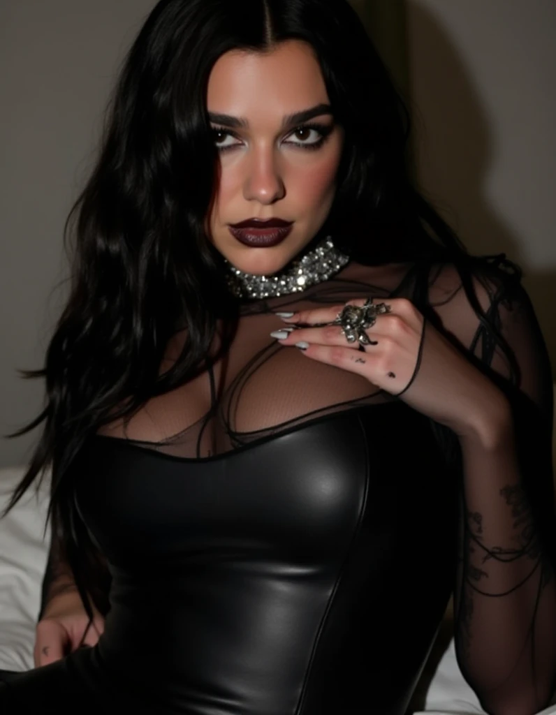 30 year old drag queen heavy makeup dressed in fetish leather fishnet stockings and stiletto high heels