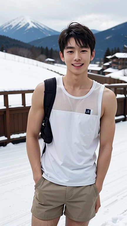 ski resort
I'm skiing
in the snow
Japanese men
20 year old boy
Full body
short hair
smiling
Looking at the camera
Overlook
small size tank top in beige
short shorts