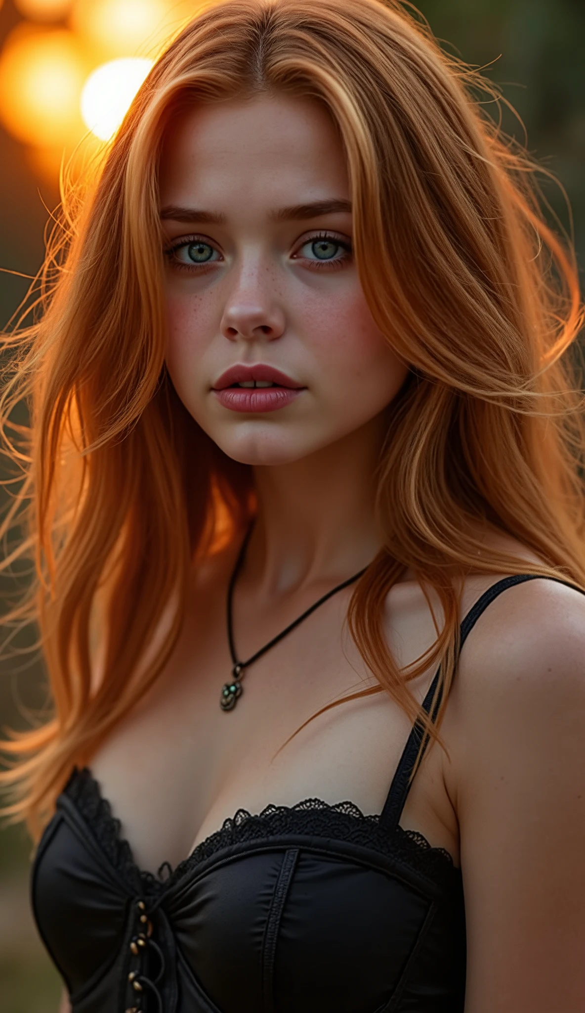 🌟 quality & silent: whole head down to below the chest, three sided view, masterpiece, 8k, ultra high resolution, Gothic art, very detailed, natural lighting, SLR lighting, SLR camera , Fujifilm XT3, film grain, Sharp concentration, perfect lighting. 🌌 Scene & background: different backgrounds: A romantic sunset on the beach, with warm,  golden hues . A dark, mysterious forest with moonlight, that falls through the trees. A luxurious bedroom with candlelight and silky curtains. Ein urbaner background mit Neonlichtern und regennassen Straßen. 😈 model & Styling:  wild young girl, Fiery red hair, Different hairstyles like long messy hair, which in various Poses fall loose or styled are,  and bright blue eyes , glowing blue eyes, She is wearing a lightweight, silk corset with deep neckline. 🔥 Pose & Mood: Different poses ( direct ,  front,  looking to the side ) and angle of view (from the side, from above, from below), Different sensual facial expressions:  she looks directly at the camera , with a seductive smile and half-closed eyes. She opens her lips slightly, with a playful and tempting look. She tilts her head slightly to the side, with a dreamy and sensual expression. She looks over her shoulder, with a mysterious and intense look. Die Mood ist sinnlich, seductive and full of emotions. 💋 