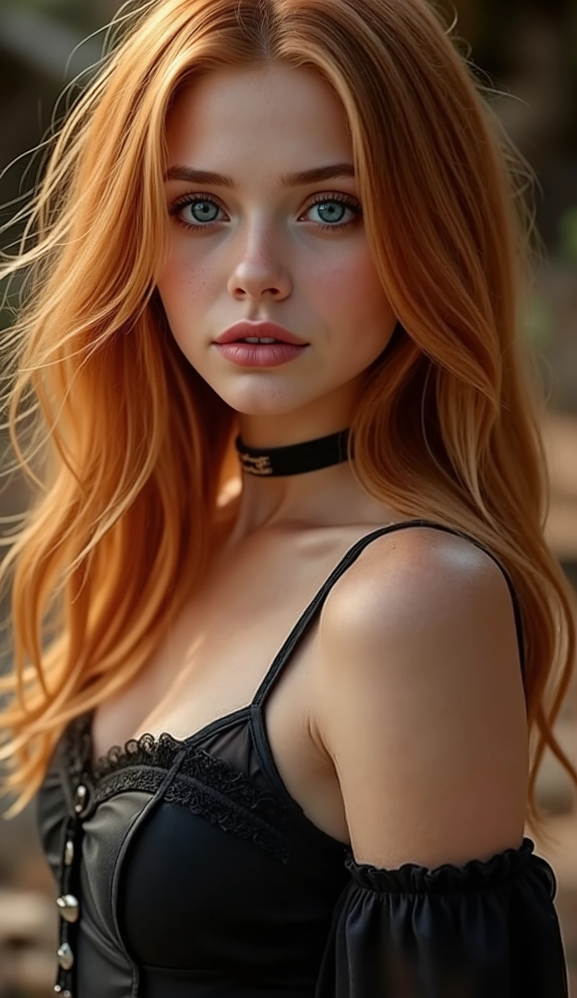 🌟 quality & silent: whole head down to below the chest, three sided view, masterpiece, 8k, ultra high resolution, Gothic art, very detailed, natural lighting, SLR lighting, SLR camera , Fujifilm XT3, film grain, Sharp concentration, perfect lighting. 🌌 Scene & background: different backgrounds: A romantic sunset on the beach, with warm, golden hues . A dark, mysterious forest with moonlight, that falls through the trees. A luxurious bedroom with candlelight and silky curtains. Ein urbaner background mit Neonlichtern und regennassen Straßen. 😈 model & Styling: wild young girl, Fiery red hair, Different hairstyles like long messy hair, which in various Poses fall loose or styled are, and bright blue eyes , glowing blue eyes, She is wearing a lightweight, silk corset with deep neckline. 🔥 Pose & Mood: Different poses ( direct , front, looking to the side ) and angle of view (from the side, from above, from below), Different sensual facial expressions: she looks directly at the camera , with a seductive smile and half-closed eyes. She opens her lips slightly, with a playful and tempting look. She tilts her head slightly to the side, with a dreamy and sensual expression. She looks over her shoulder, with a mysterious and intense look. Die Mood ist sinnlich, seductive and full of emotions. 💋