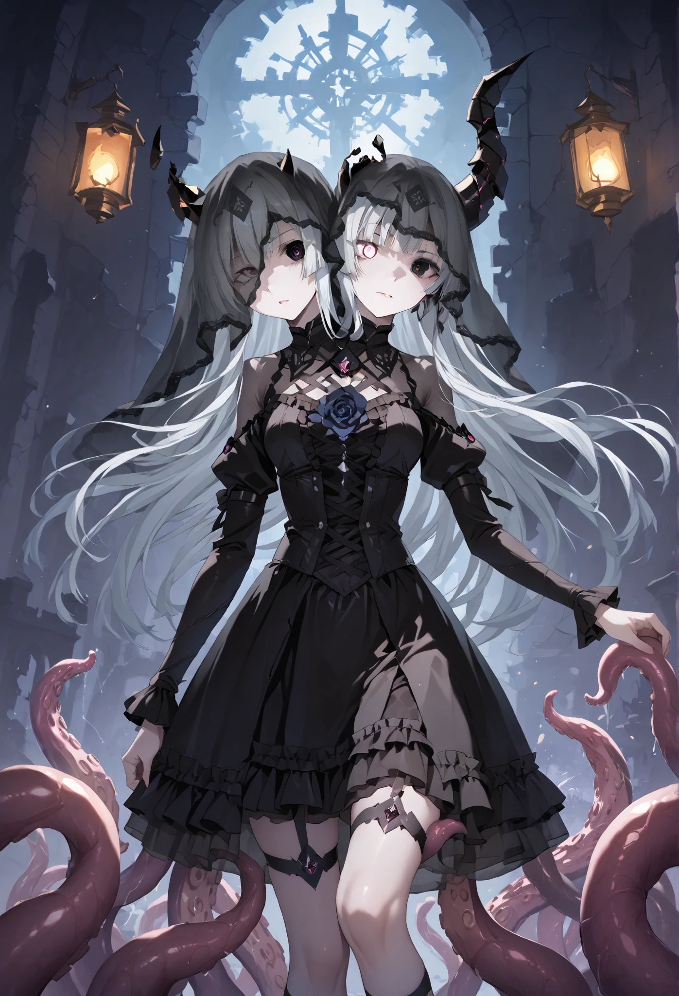 Two-headed woman. ((Twin heads)) ((One eye)) Silver hair. Long hair. Gothic dress. Black and white dress. Horns on her head. Mono-eye. Veil. Tentacles from behind. Tentacles with mouths. Lantern. A broken castle. Ruins.