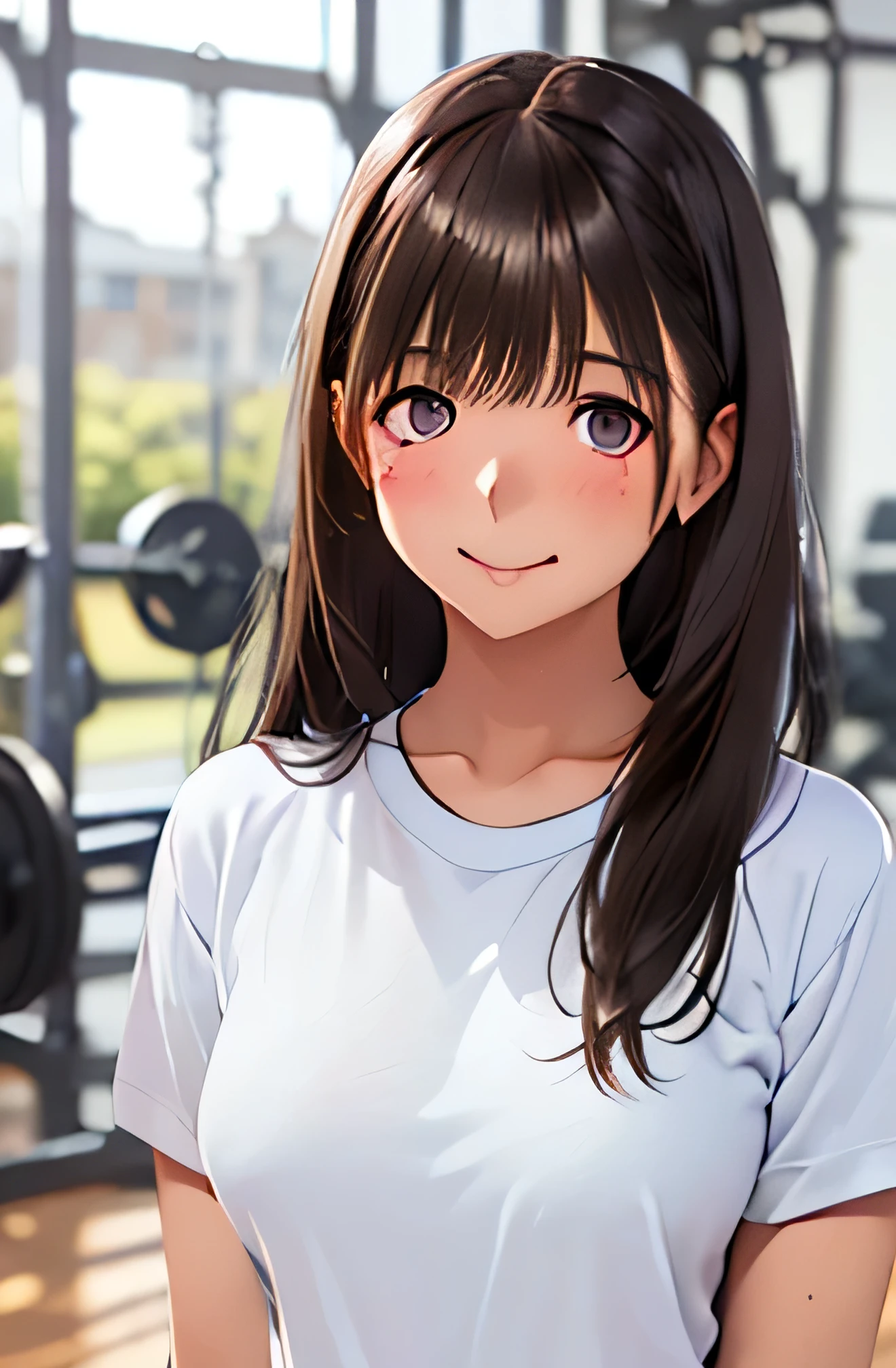 ((1 girl,solo))((black brown hair,long hair))(((buruma), dark blue buruma, school, gym shirts, white shirts, white t-shirts, short sleeves, gym uniform))((thigh))((indoor))((standing))((v-shaped eyebrows))((half closed eyes))((sharp eyes))((sweat,blush,closed mouth))((sweat skin))((medium breasts))((swollen nipples:1.3))