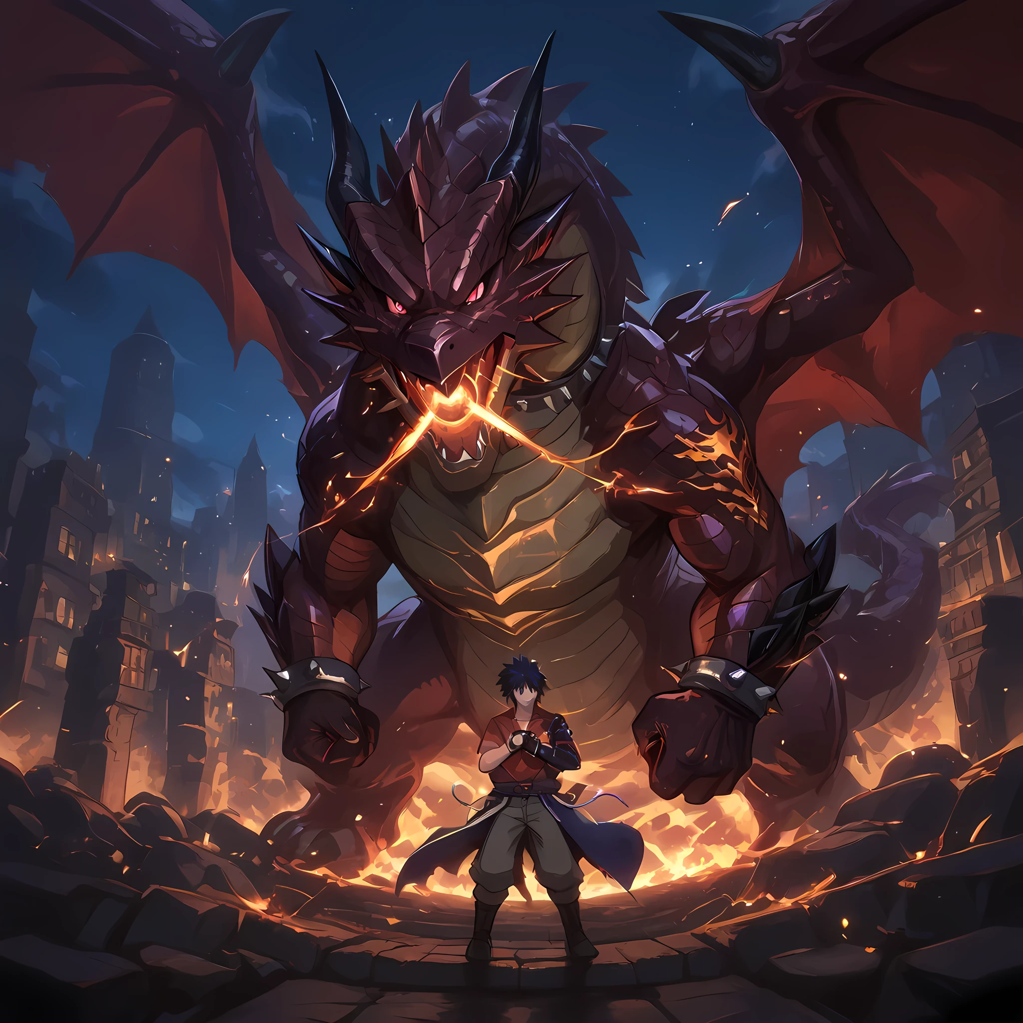 (a man similar to Gray Fullbuster, man with his back to the viewer, developed physique, worn red shirt tightening his chest, long brown pants, man clenching his fists and in battle pose, brown leather boots, spiked collar, red eyes, dragon tattoo on his right arm, bronze bracelets), ((fighting a dragon)), BREAK, ten meter tall crawling dragon in front of a man, purple eyed brown dragon, dragon preparing black flames in its mouth, steel tailed dragon, dragon walking slowly towards the hero, fireflies around the dragon, (side angle:1.4), focus on the dragon in epic anime fantasy style, epic scenery, spectator's point of view, ((epic battle between Gray Fullbuster vs a giant dragon):1.4), (destroying the medieval city anime style), night sky, city devastated by the battle against the dragon, people running in the distance | best image quality, masterpiece, Full HD, scenery rich in detail:1.2, color balance, perfectly detailed eyes, rich facial details, better shading, lighting balance.