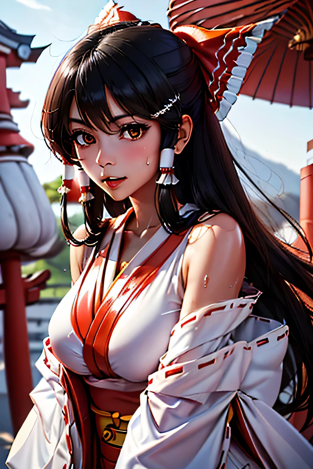 Highest quality, (Ultra-high resolution,8k), Ultra-high definition 4K, (Perfect Anatomy), (Cute three sister shrine maidens), (Shrine maiden costume), (Dynamic composition), (Well-proportioned face), (In the Storm), (Photorealistic), (Detailed big breasts), Soft Skin, Glowing Skin, Bright lighting, Very heavy rain, colorful, Professional photography techniques, Stretching oneself