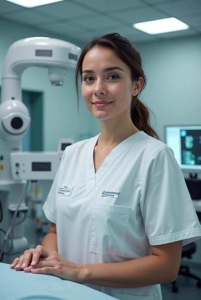 (medium full shot) of (vivacious doctor) young woman, french, green eyes, light skin, petite, dark classic bun hair, wearing a white white medical scrub,medical trousers,loafers, stethoscope, smiling at the viewer, set in Operating Room, Circulating Nurse Station, Central hub with a desk for documentation and charting, storage cabinets containing surgical supplies and equipment, a rolling cart for transporting sterile instruments, a phone for coordinating with other hospital departments, a bulletin board displaying surgical schedules, at night, ,Masterpiece,best quality, photorealistic, amazing quality, very aesthetic, extremely detailed face,