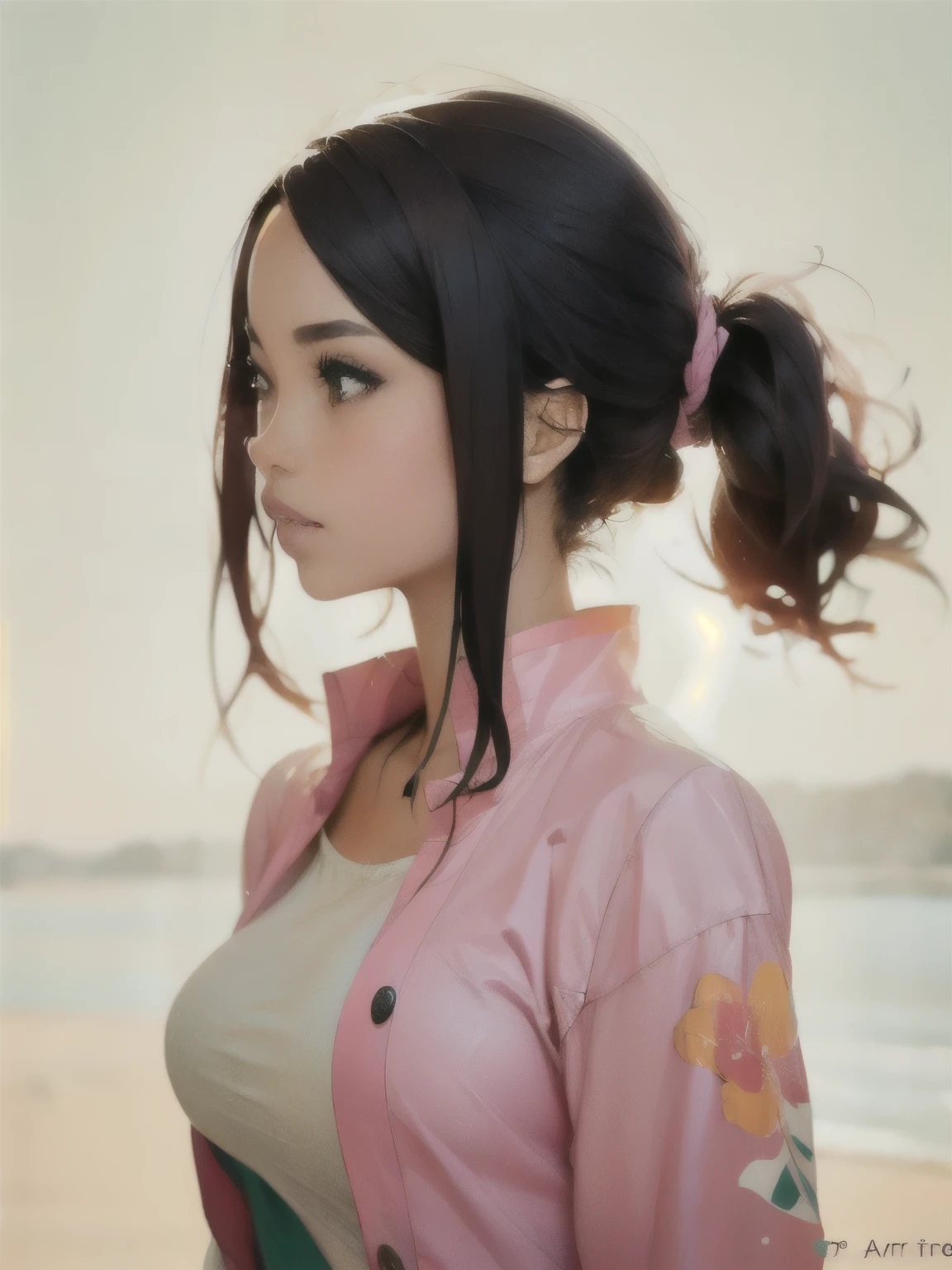 kurisu makise steins gate anime, atmospheric, elegant portrait, super highly detailed, professional digital painting, artstation, concept art, 8k, art by wlop, artgerm and alphonse mucha and eiichiro oda shinkai makoto vibrant Studio ghibli kyoto animation hideaki anno Sakimichan Stanley Artgerm Lau Rossdraws James Jean Marc Simonetti, 1 standing girl seen in profile, short black_hair, no background, green_eyes, blushing, lips, front view,