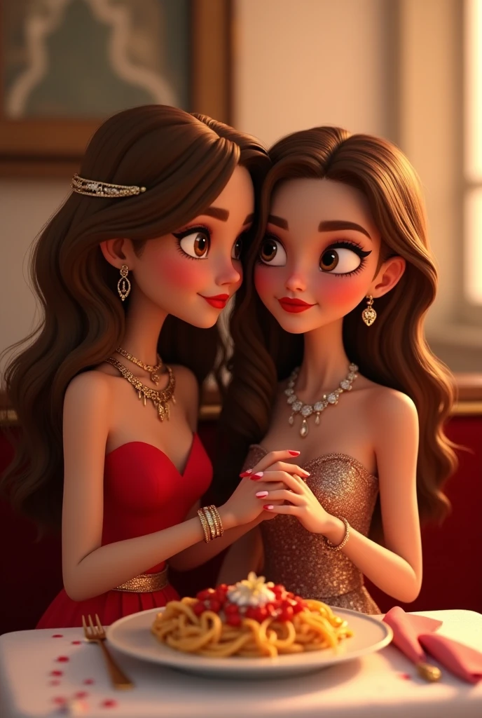 (best quality,4k,8k,highres,masterpiece:1.2),ultra-detailed,realistic:1.37,grand throne room,people,standing,2girls,long flowing hair,beautiful detailed eyes,beautiful detailed lips,elaborate throne,warm golden lighting,lavish decorations,royal attire,radiant smiles,confident postures,guests in elegant gowns and suits,exquisite chandeliers,ornate pillars,elaborate tapestries,rich color palette,opulent atmosphere,regal ambiance