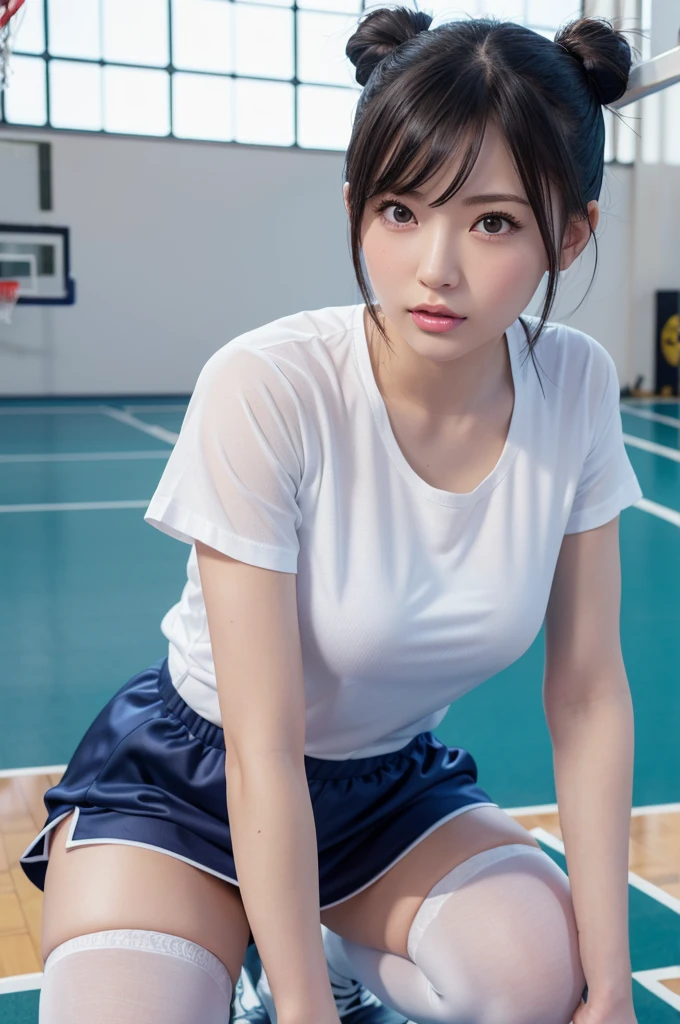 smile,((NSFW)),(highest quality:1.2), 8K, Raw photo, Beautiful sexual woman, (The naked lower body is visible under the clothes..、The female genitals between the crotches are visible:1.3),detailed face and eyes,,whole body,(highest quality,masterpiece:1.3,ultra high resolution,)ultra-realistic capture,very detailed,High resolution 16K natural skin texture、,The pores are、、、、、、、Must be detailed enough to be easily identified。 Skin should look even-toned and healthy。 Use natural light and color, volleyball player、volleyball uniform、tight clothes、clothes are wet、3 girls,Japanese,18-year-old,cute,black haired,shortcut、big breasts,smile, (realistic hair: 1.2) (wet skin: 1.2), Face forward and spread your legs、spread legs、Low - Angle,big breasts,sweaty, drenched, soaked, gym