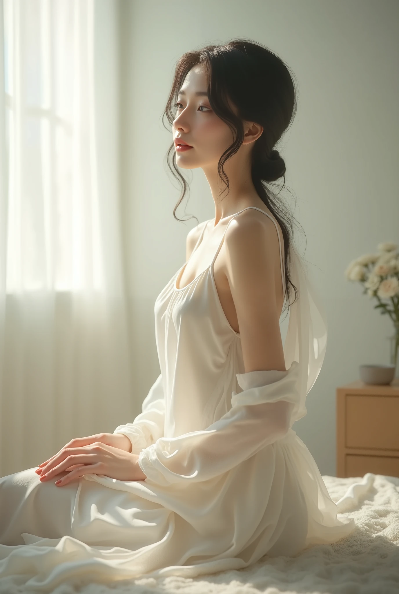 araffe woman in a white dress is posing in a room, draped in transparent cloth, stunning elegant pose, white hanfu, by Leng Mei, young sensual graceful, a beautiful woman in white, ethereal back light, delicate soft hazy lighting, jiyun chae, jingna zhang, soft ethereal lighting, flowing white robes, ethereal beauty