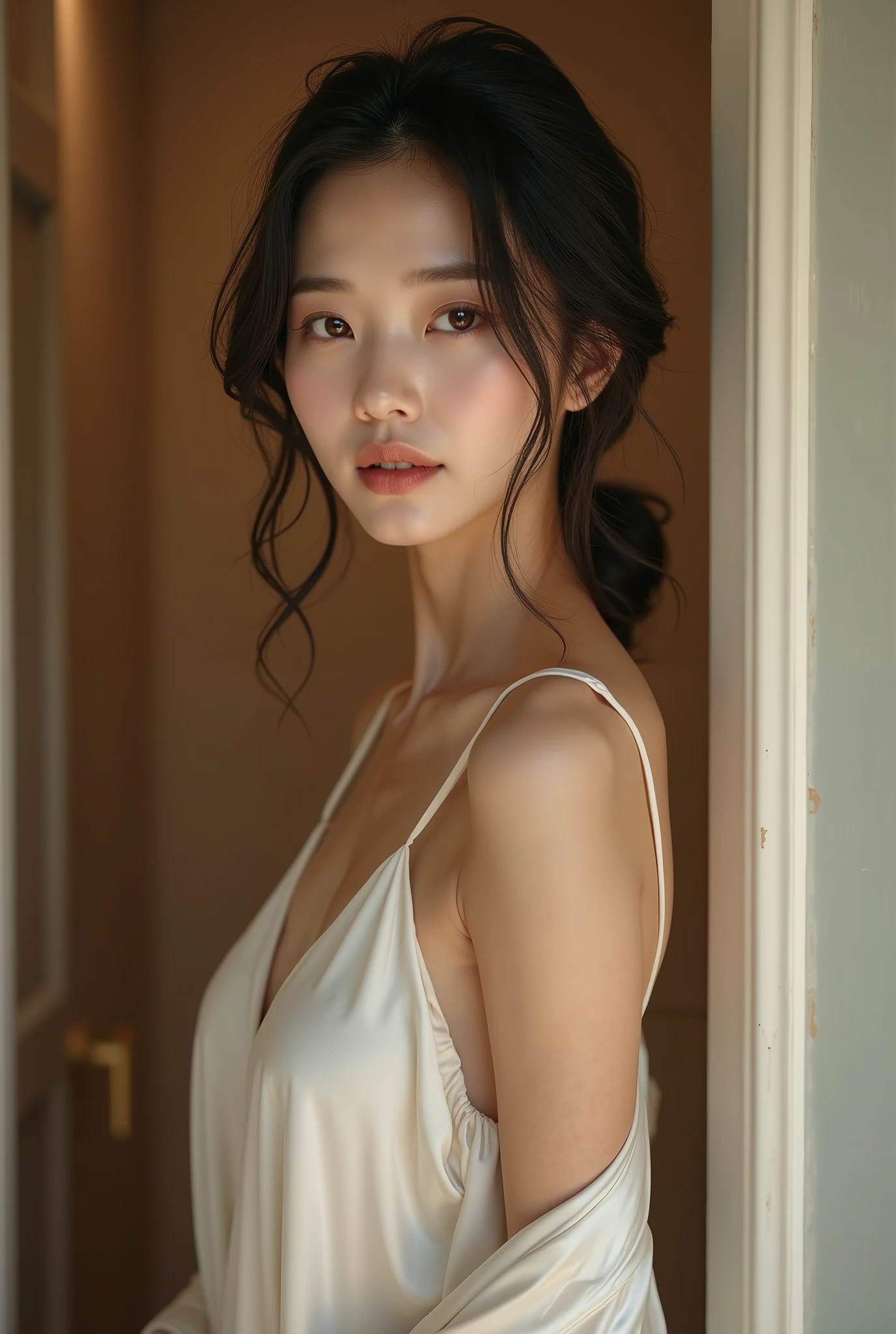 Crée une photo ultra-réaliste d'une chinoise aux yeux vert-bleus , 40 ans. Corps athletique, grosse poitrine, robe longue blanche tres transparente