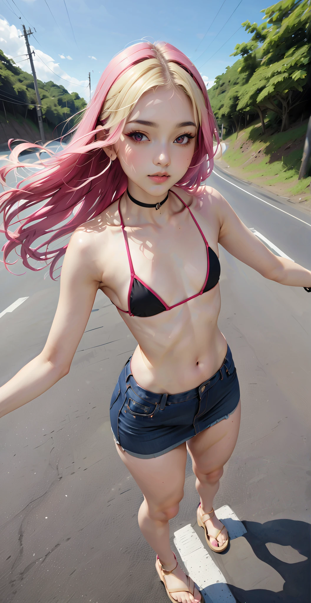 realistic anime illustration of young woman, (marin kitagawa, long hair, bangs, blonde hair, red eyes, multicolored hair, pink hair), Flat Chest, is carrying a nap sack and running along long empty road, she wearing black choker, black wristband, magenta bikini top, short dark navy-blue denim pencil skirt, beige platform sandals, (1girl, solo, full body), (masterpiece, best quality, japanese anime style), (expressive eyes, perfect face)