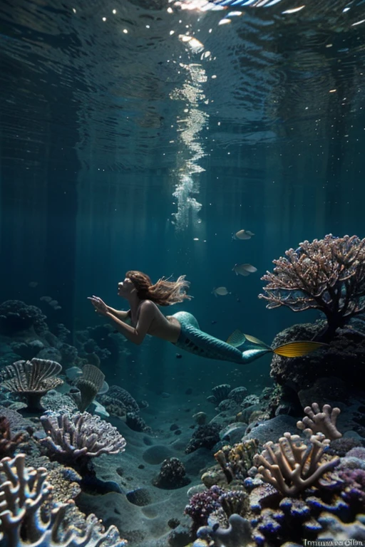A woman in Sea Art style, in the position on all fours, in an imaginative marine environment. She is immersed in an underwater setting, surrounded by colorful corals, tropical fish and undulating sea plants. The water around her is translucent, filtering sunlight that gently shines through the waves. Her long hair flows gracefully around her, as she curiously observes the underwater world around her, conveying a feeling of connection and serenity with the ocean."