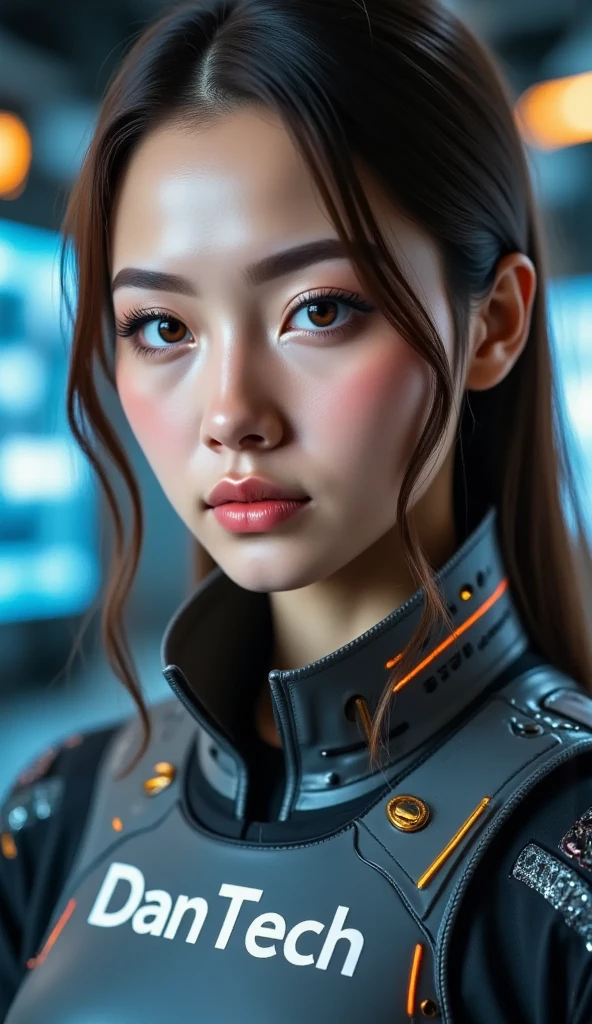 there is a woman in a dress standing in front of a giant robot, by Don Maitz, portrait of sofia vergara, promotional art, attractive brown hair woman, retropunk, protagonist in foreground, inspired by Louis Pohl, mechanic, anime visual of a young woman, compute shader, inspired by Donato Giancola, youtube thumbnail, chrome art