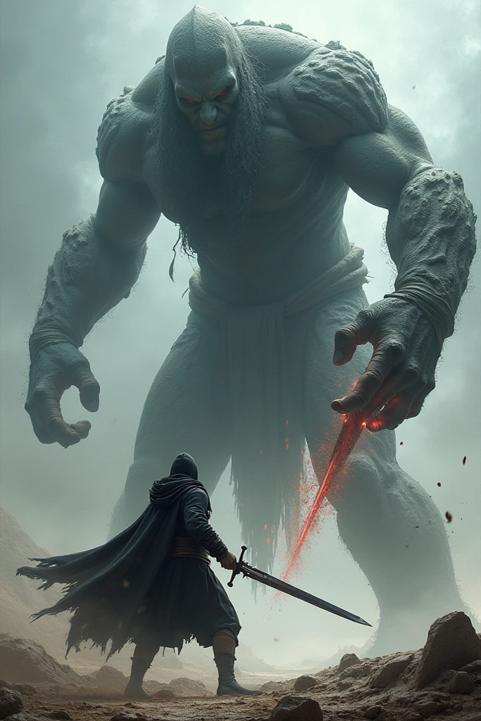Create an image of a final war with a titan and a hooded wizard with a white sword in his hand 