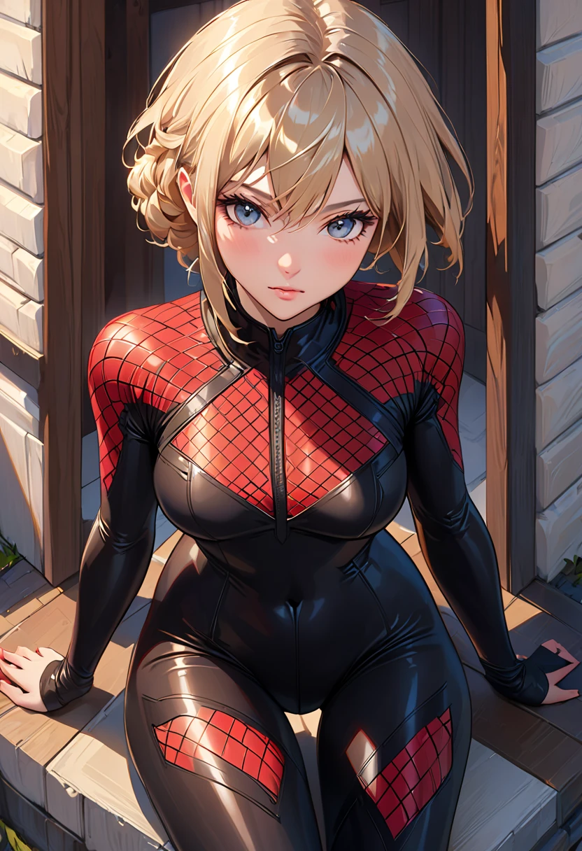 18 yo girl,Blue spider suit,short blunt hair,blonde,beautiful face,rain,masterpiece,intricate detail,Open mouth,perfect anatomy,Back head,arch back,
by artist Shuichi Shigeno,