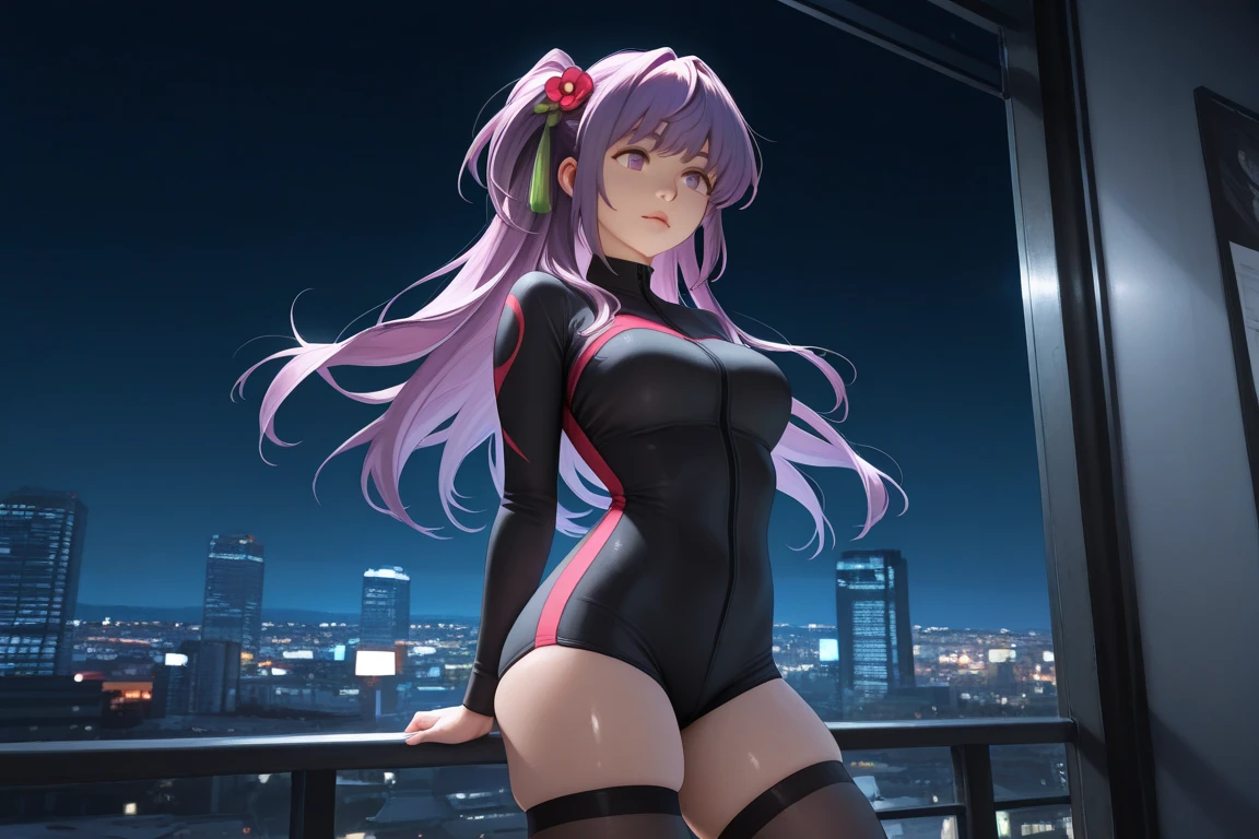 white backgrounid tall and large breasts Black bikini highleg Woman with long purple hair full bodyesbian futuristic skyline in background