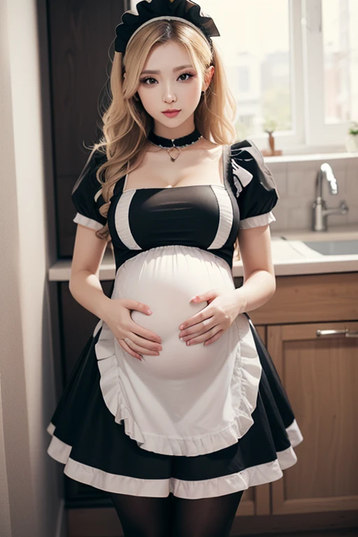 Pregnant. just a photo of the full body. front view. Maid. wearing an apron. visible breast cleavage. (Pose full body). face looking at camera. Divergent Russia woman. (there is light on the maid clothes). Cosplay maid. skirt. Cosplay maid skirt. (Cosplay bull uniform). (real life big mom), (((front body pose))). mom. an (exquisite beautiful woman: 1.4), ((wearing maid clothing)). (Maid woman).((Mom)). (best detailed face:1.3), (ultra feminine: 1.3), dynamic hair, long hair, wavy hair, blue eyes, intent eyes, photorealistic, 16k, RAW, (best detailed: 1.5), masterpiece, best quality, (best detailed: 1.3), full body, ultra wide shot, 3D rendering. (((plain background. no background))). (((front tread. front view))). ((Pose body)). ((Maid woman)) ((Cosplay maid)).