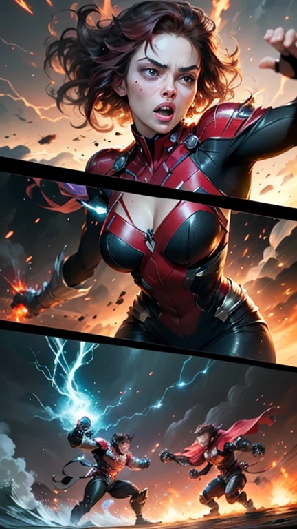 ((Masterpiece)), ((Best quality)), 8k, ultra-detailed,
A compelling representation of Jean Grey in her Dark Phoenix form, embodying her powerful and seductive allure. Her figure is muscular and toned, showcasing her strength and athleticism. Her large breasts are firm and full, enhanced by the intricate golden details of her Phoenix costume. The fabric clings to her body, revealing every curve and muscle. Her long, wavy Hair cascades down her back, framing her fierce, determined expression. Her eyes glow with a fierce, burning intensity, reflecting the electrical energy surging through her. The background is a dark, stormy sky, crackling with energy
