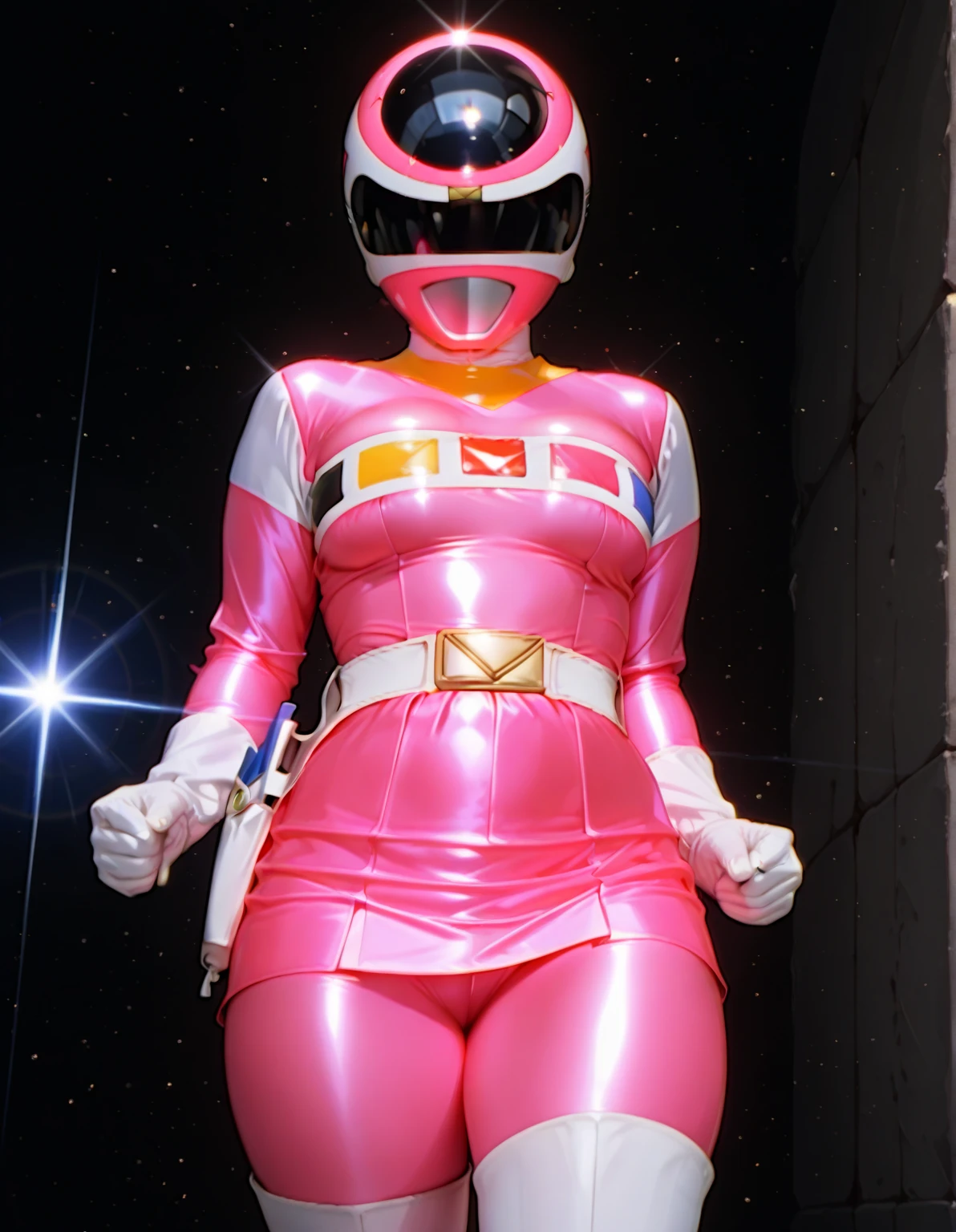 (8K、Ultra-high resolution、Highest quality、masterpiece、Realistic、Ultra-high resolution)、(((Must be female、The always-shiny neon pink Power Ranger has big breasts、Feminine body)、The always-shining neon pink full-body suit、Large emblem on chest:1.3))(Very shiny helmet and suit)、Fighting Pose、(Must be the cosplay venue at Tokyo Big Sight), Overweight, Extremely fat, ((Chubby))