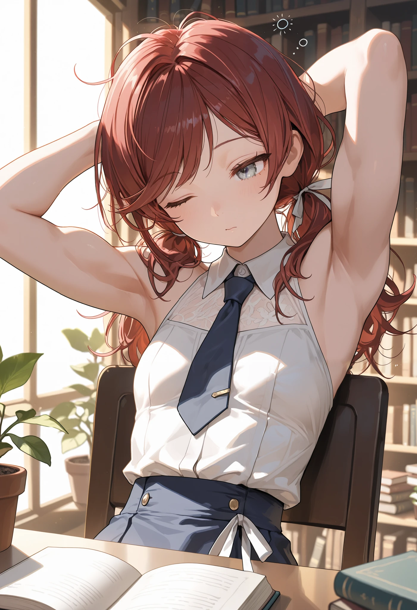 (masterpiece, best quality), stoic, solo, girl leaning back in chair, sleepy expression, one eye closed, arms up, flexing biceps, beautiful face, upper body, close up, Gray eyes, dark red hair, messy hair, swept bangs, low twin tails, white ribbons, sleeveless white halter neck collared shirt, dark blue necktie, dark blue skirt, small breasts, toned arms, sunrise, sitting on chair in front of table, open books, library, potted plants,